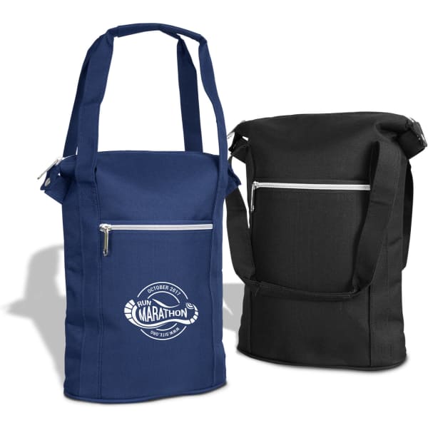 A drink bottle cooler bag in navy blue and black, featuring a zippered front pocket and a logo.
