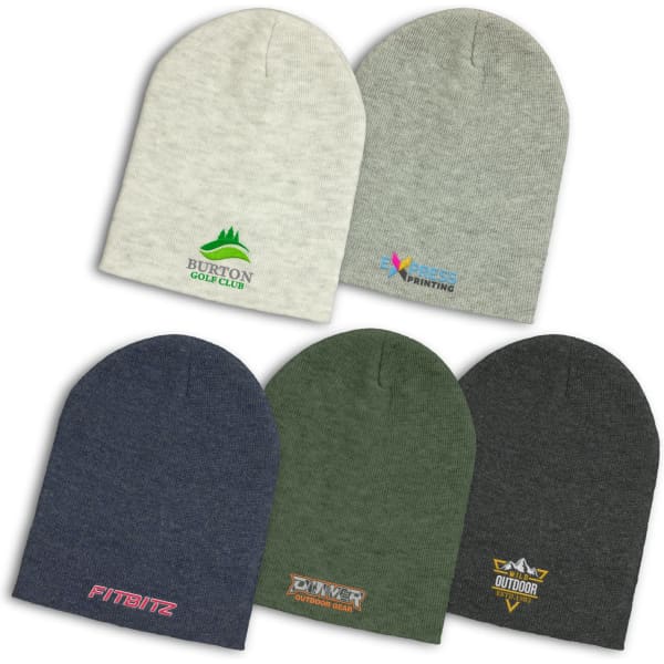 A collection of six Heather Slouch Beanies in grey, navy, green, and dark grey, featuring various logos.