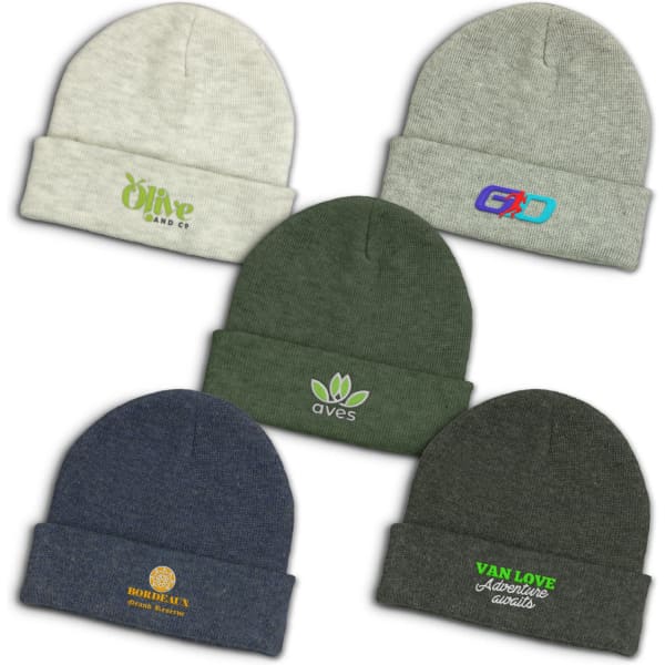 Five beanies in various shades, including light grey, dark green, and navy, each with a different logo or design.