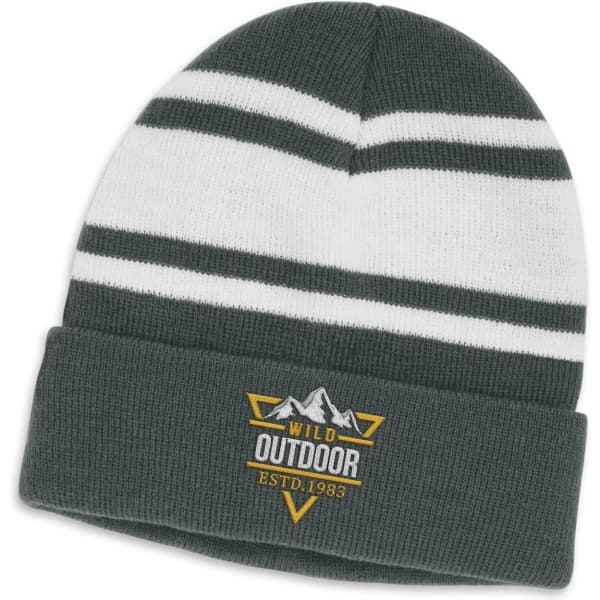 A grey beanie with white stripes and an embroidered logo on the front.