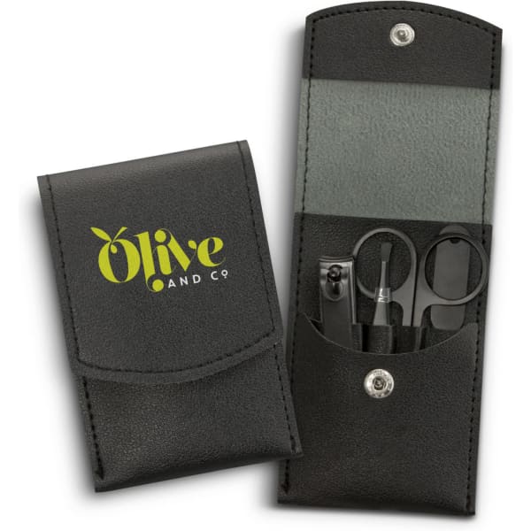 A black manicure set containing scissors, nail clippers, and other tools, enclosed in a protective case with a logo.