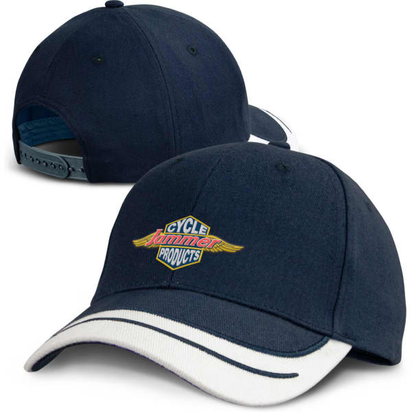 A navy blue cap with a white brim and an embroidered logo on the front. The back features an adjustable strap.