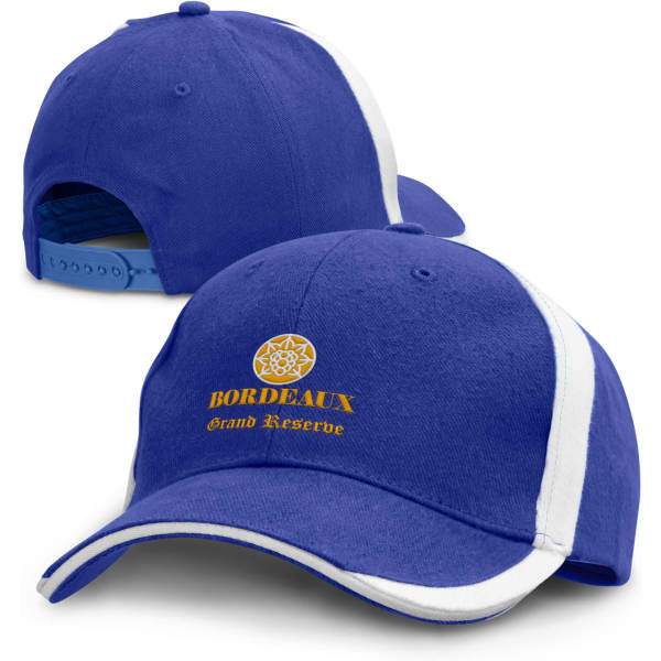 A blue cap with white accents and a logo at the front, featuring an adjustable strap at the back.