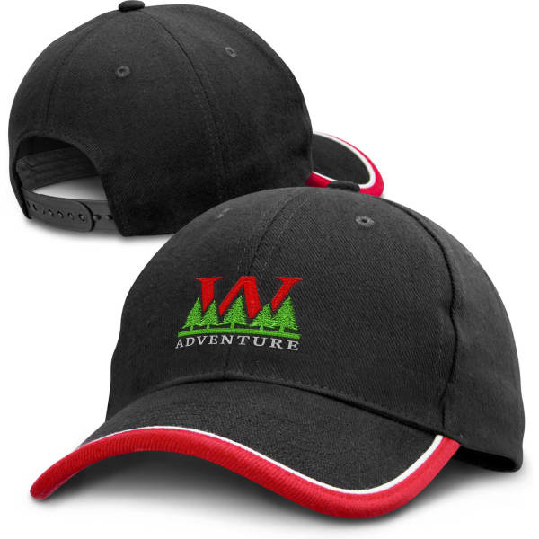 A black cap with a red and green embroidered logo and a red accent on the brim. It has a branded design.