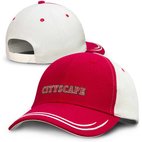 A red and white cap featuring a curved brim and a logo on the front. The back has an adjustable strap.
