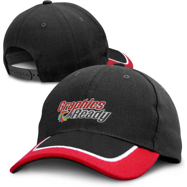 A black baseball cap with a red brim and a logo on the front. The cap has an adjustable strap at the back.
