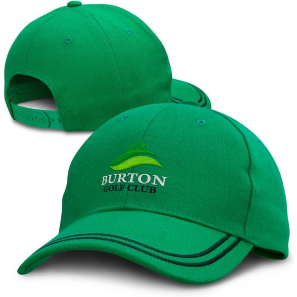 A green cap featuring a structured design and a logo on the front. It has an adjustable strap at the back.