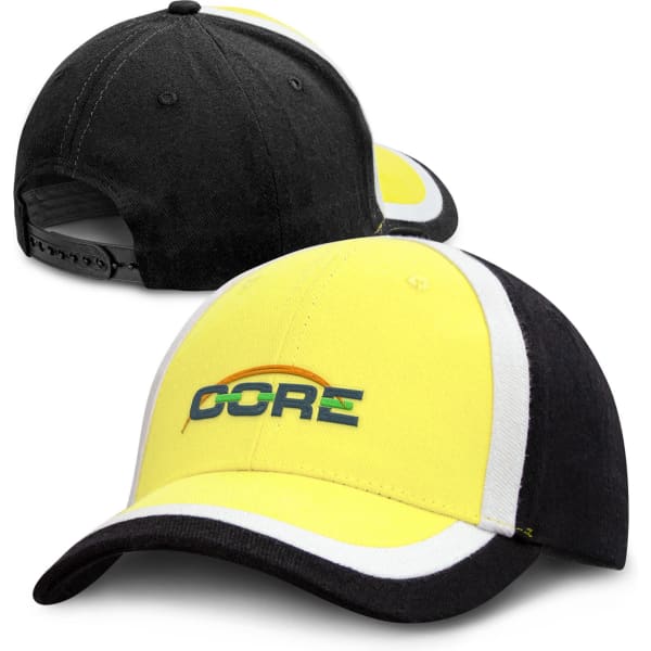 A yellow and black cap with white accents and a logo on the front. The cap features a curved brim and adjustable strap.