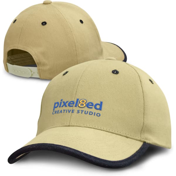 A beige cap with a navy peak and an adjustable strap at the back. It features a logo on the front.