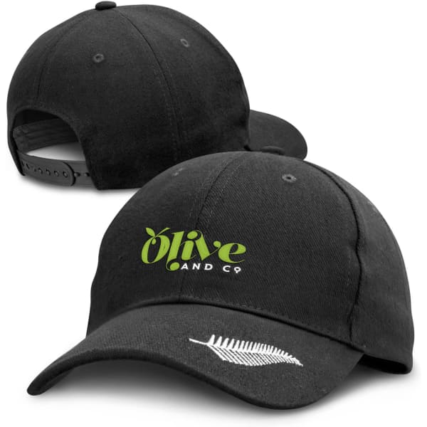 A black cap with a curved brim and a logo on the front, featuring a fern design on the side.