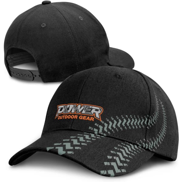 A black cap featuring a logo and a tyre tread design on the front. The back has an adjustable strap.