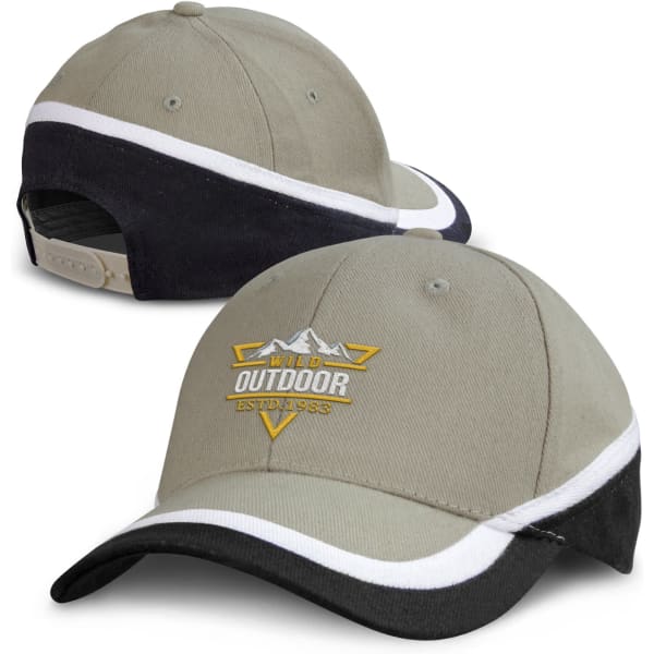 A two-tone cap featuring olive green with black and white accents, and a logo on the front.