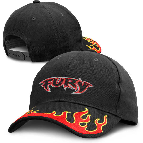 A black cap with flame designs in red and yellow, featuring a logo on the front. The cap has an adjustable strap at the back.