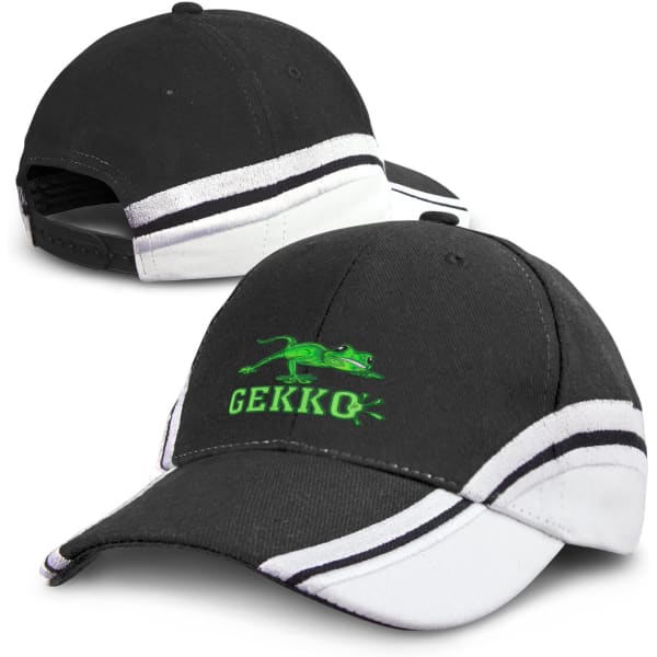 A black and white cap featuring a green logo, designed with a sporty look and adjustable strap at the back.