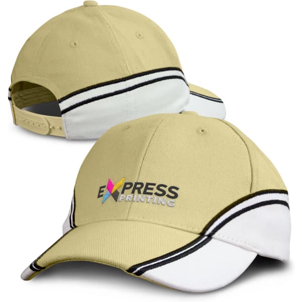 A beige and white cap featuring a black stripe and a logo on the front. The cap has an adjustable strap.