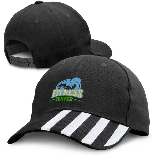 A black cap featuring a logo and white striped detailing on the brim. The cap has an adjustable back.