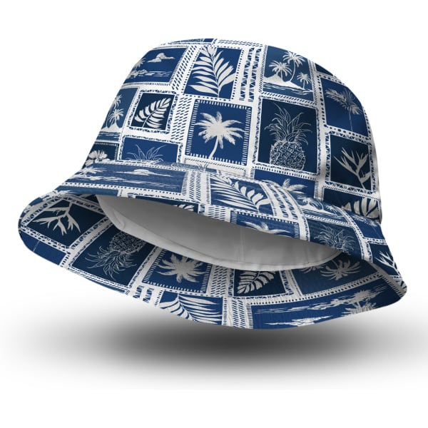 A blue and white bucket hat with a botanical print and a logo. It features a wide brim for sun protection.