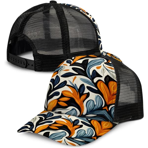 A mesh cap featuring a floral design in vibrant orange, blue, and white, with a black mesh back.