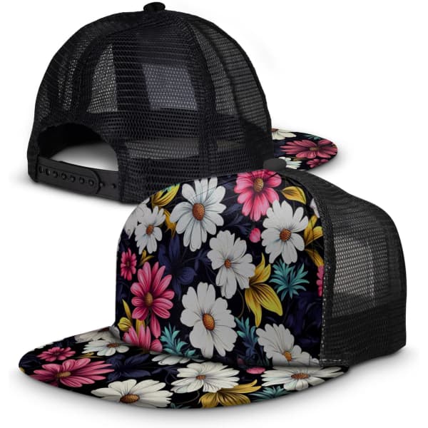 A flat peak mesh cap featuring a vibrant floral print with black mesh sides and a solid black back.