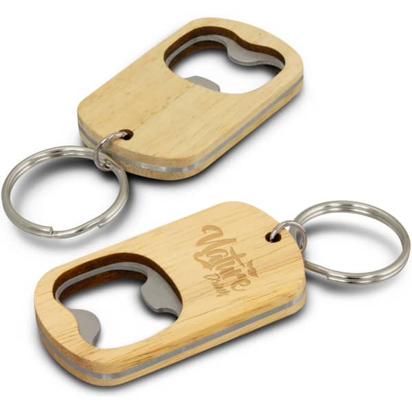 A drink bottle opener key ring made of wood with a silver metal opener and a key ring attachment.