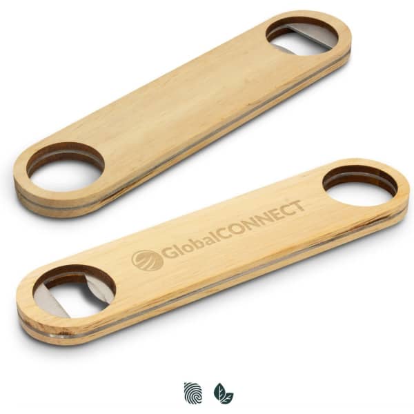 A drink bottle opener made of light-coloured wood, featuring two circular openings and a logo.