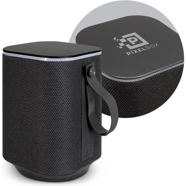 A black Bluetooth speaker with a textured surface and a carrying handle, featuring a logo on the top.
