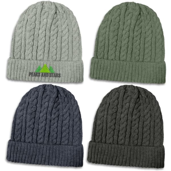 Four cable-knit beanies in shades of grey and green, each featuring a logo on one beanie.