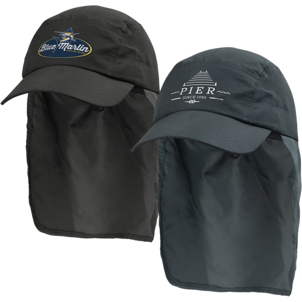 A pair of Legionnaire hats in dark green, featuring embroidered logos and extended neck flaps for sun protection.