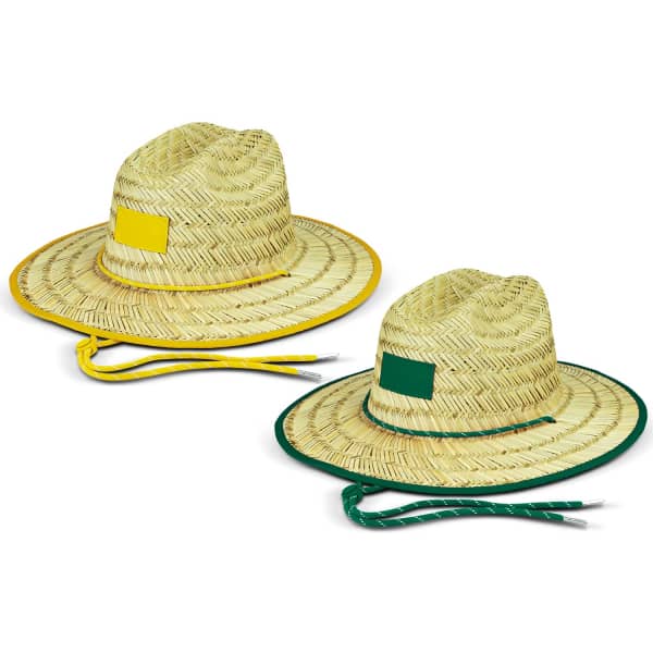 A wide brim straw hat in natural tones with yellow and green accents, featuring adjustable chin straps and blank areas for branding.