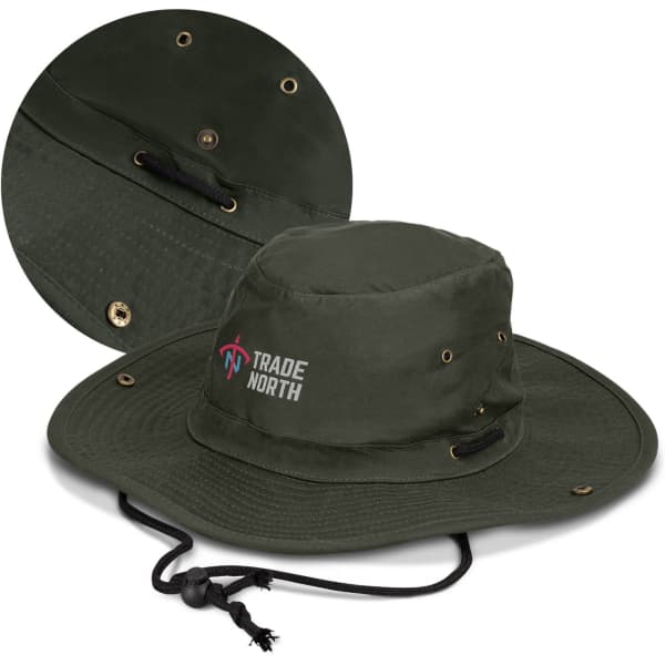An olive green wide brim hat with a logo, featuring eyelets and a chin strap for secure fit.