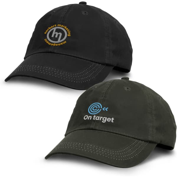 Two caps in black and olive, featuring logos on the front, showcasing a casual style for headwear.