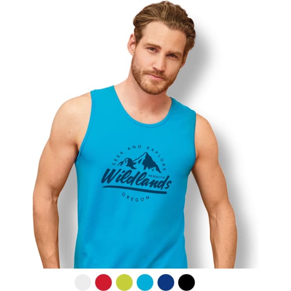 A blue tank top featuring a logo, modelled by a man. Available in multiple colours.