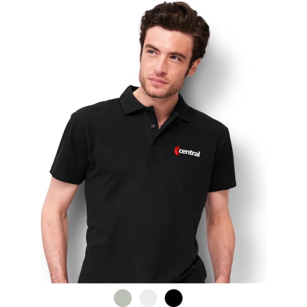 A black men's polo shirt featuring a logo on the left chest. Available in additional colours: grey and white.