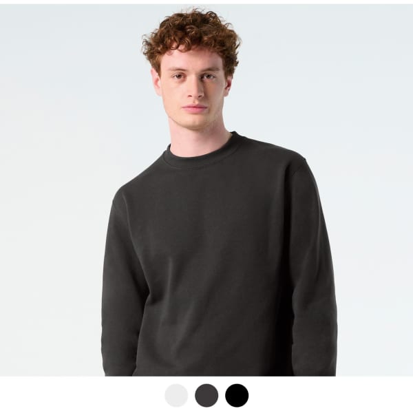 A unisex crew jumper in dark grey, featuring a round neckline and a logo on the chest.