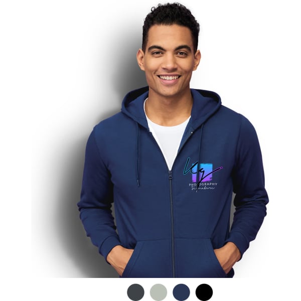 A unisex hooded sweatshirt in navy blue, with a central zip and a logo on the chest. Available in multiple colours.