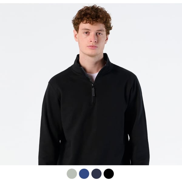 A black unisex sweatshirt with a zip neck, featuring a model wearing it. Includes a colour swatch at the bottom.