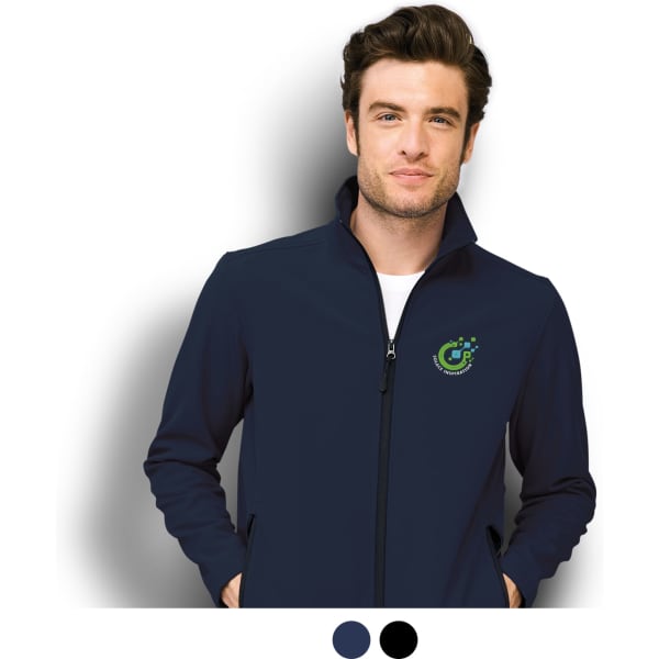 A men's softshell jacket in navy blue with a logo on the chest. Features a high collar and zip closure.