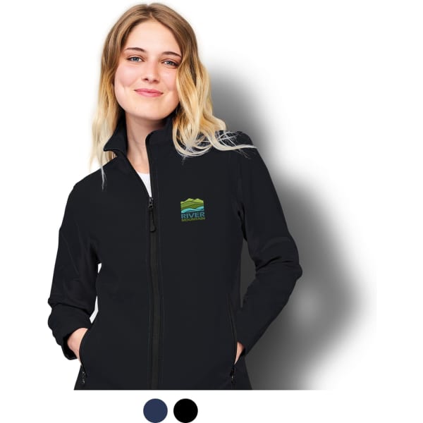 A women's softshell jacket in black, featuring a logo on the front and a zippered design.