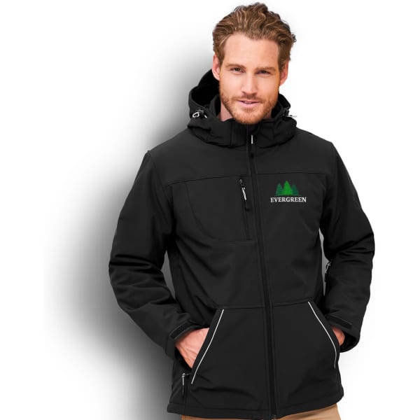 A black men's softshell jacket featuring a hood and a logo, with zippered pockets and a tailored fit.