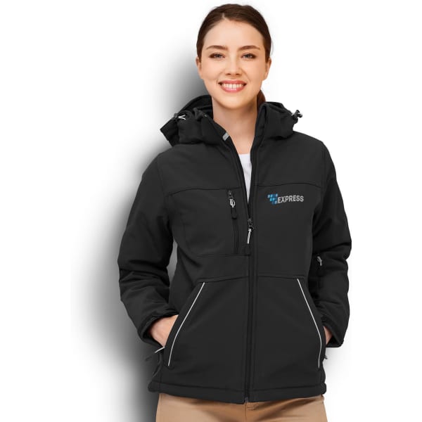 A black women's softshell jacket with a hood, featuring a logo on the front and zippered pockets.