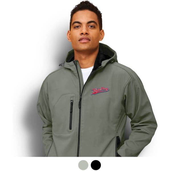 A men's softshell jacket in green, featuring a hood and zippered pockets, with a logo on the front.