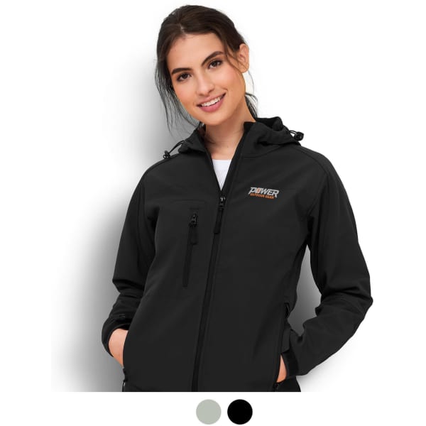 A women's softshell jacket in black, featuring a zippered front and a hood, with a logo on the left chest.