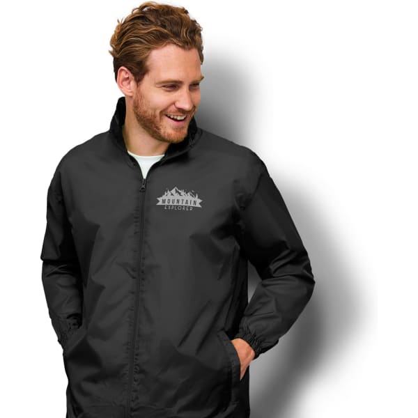 A black windbreaker jacket with a logo, featuring a zip front and elasticated cuffs.