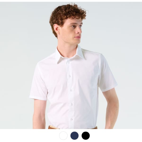 A short sleeve button-up shirt in white, featuring a collar and a logo on the chest.