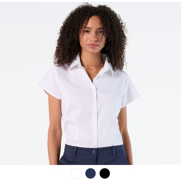 A short sleeve shirt in white, featuring a collar and buttons, along with an attached logo.