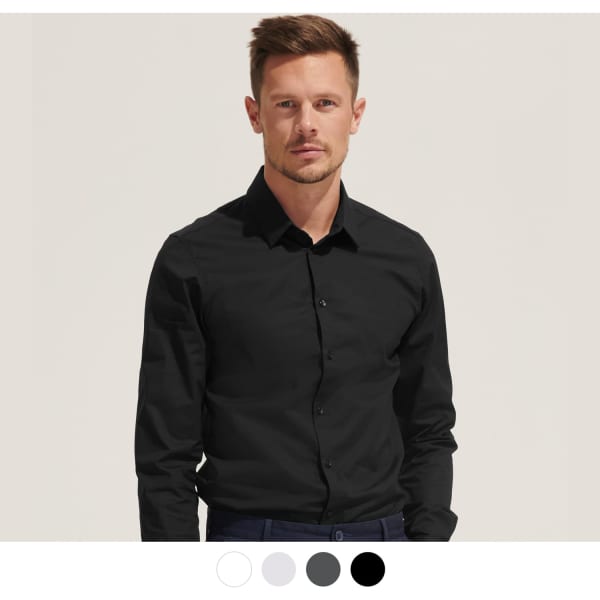 A black button-up long sleeve shirt on a model, featuring a logo. The shirt is sleek and fitted.