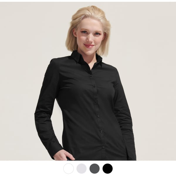 A black women's long sleeve button-up shirt displayed on a model, featuring a collared neckline and fitted design.