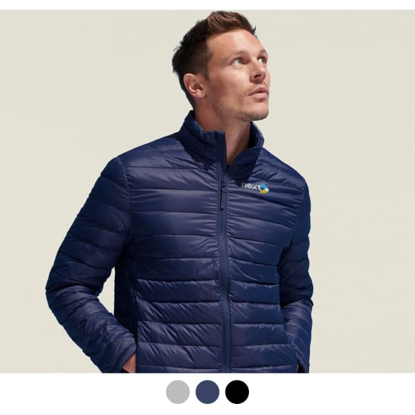 A navy puffer jacket on a model with a stand-up collar and a logo on the chest.