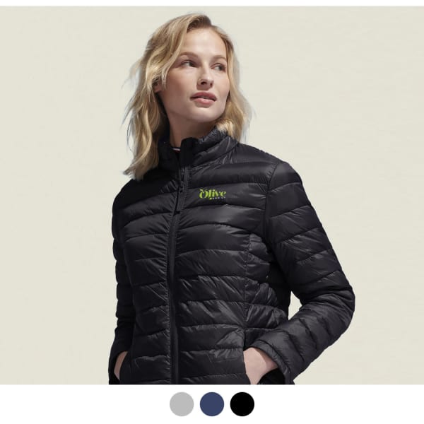 A woman's puffer jacket in black, featuring a logo, with a stylish, fitted design and standing model against a light background.