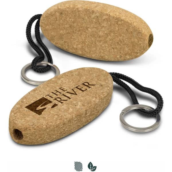 Cork floating key ring in a natural brown colour with a cord and metal keyring attachment, featuring a logo.
